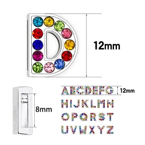 Macro view of 8mm rhinestone letter charms with precise dimensions for DIY straps