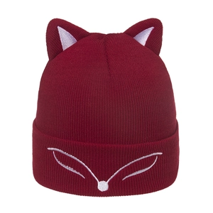 Detailed view of the dark red fox ear embroidery on the thick knitted winter beanie hat