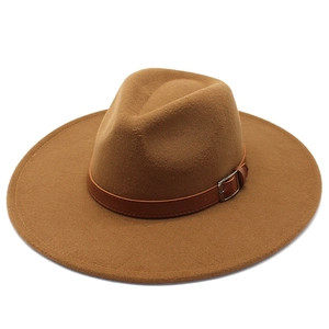Classic brown wool fedora with wide flat brim and leather belt buckle detail