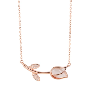 Rose gold tulip necklace with white opal and small diamonds on a clean white background