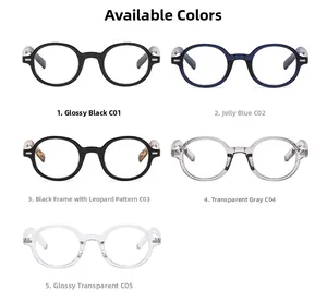 Classic round eyeglass frames shown in five colors including black, blue, and transparent grey