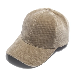Detail of light brown faux mink velvet baseball cap showing premium textured fabric