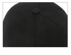 Top view detail of black wool baseball cap showing stitched panels and crown button