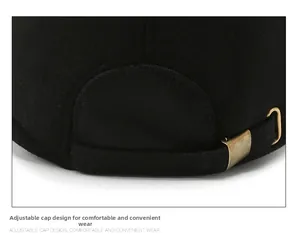 Detail of black winter wool cap with adjustable brass buckle for custom fit size