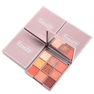 Detailed view of the 9-color eyeshadow palette collection with open and closed compacts
