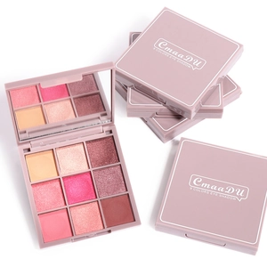 Macro shot of 9-color eyeshadow palette with matte and shimmer shades in pink tones