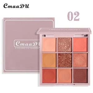 Detail showing CmaaDU 9-color eyeshadow palette with matte and glitter warm tones