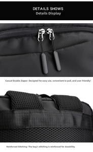 Close-up of durable metal zippers and reinforced breathable mesh straps on the backpack
