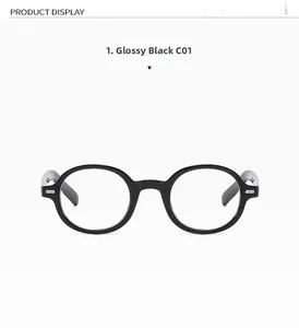 Front view of large black round frame glasses with glossy finish and silver accents