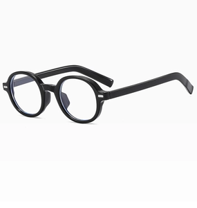 Detailed side view of black round retro frames showing thick acetate finish and smooth temples