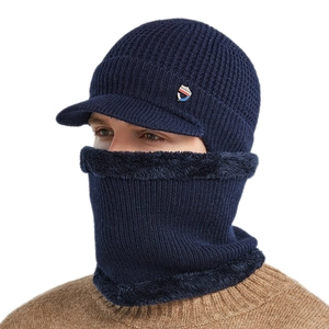 Men's winter knit beanie and neck warmer set with warm fleece lining in navy blue