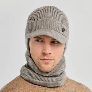 Men's winter knit beanie with visor and neck warmer set, grey fleece lined thermal cap