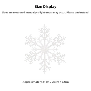 Detailed size comparison of white glitter snowflake ornaments in 21cm, 26cm, and 32cm