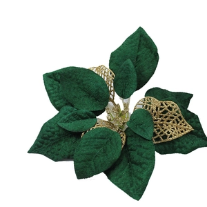 22cm Christmas poinsettia with green velvet leaves and golden glitter mesh decor