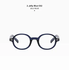 Detailed front view of jelly blue retro round glasses frame with high quality acetate finish