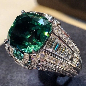 Classic wide emerald cut green gemstone ring with pavé micro-set cubic zirconia for women