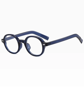 Detail view of deep blue round full-rim frame with ZN3884 model engraving on temples