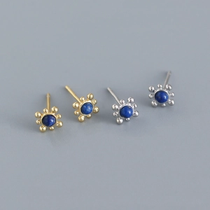 Natural Lapis Lazuli Stud Earrings Sun Flower Shape With 925 Sterling Silver Earring Post Minimalist Jewelry For Women