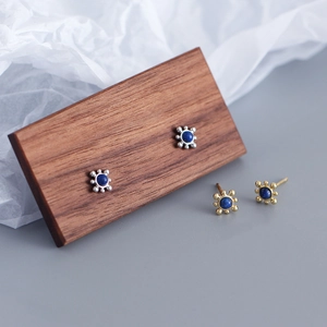 Minimalist S925 sterling silver stud earrings with round lapis lazuli in sunburst design