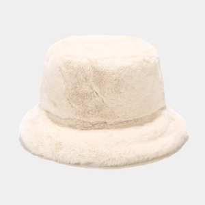 Detailed texture of the plush faux fur material on this creamy white bucket hat