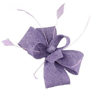Detail of purple Sinamay fascinator showing bow texture and delicate feather accents
