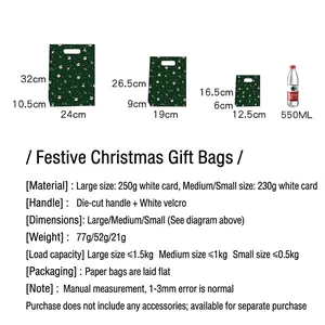 Christmas gift bag set in three sizes with festive illustrations and size chart details