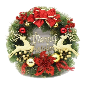 40cm Christmas wreath with red bow, gold reindeer and Merry Christmas sign on white background