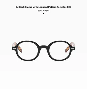 Detail view of model C03 retro round black glasses frame with leopard print demi temples