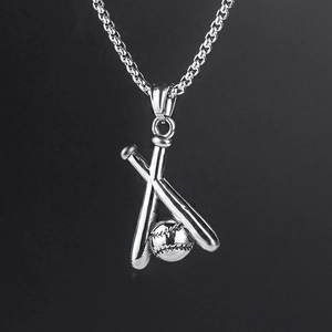 Polished stainless steel baseball and crossed bats pendant necklace on box chain
