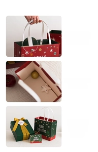 Detalle de bolsa de regalo de Navidad con asas de cuerda trenzada y base reforzada.