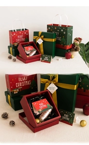 Set de cajas de regalo y bolsas de papel de Navidad, embalaje rojo y verde para manzana y bufanda.