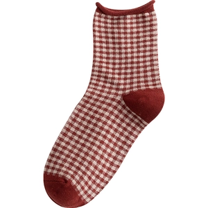 Retro red gingham knit cotton socks with vintage rolled cuffs and soft texture