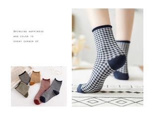Detailed knit texture of vintage plaid cotton crew socks for women in five assorted colors