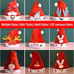 LED Light Up Christmas Santa Hat Velvet Plush Reindeer Snowman Character Xmas Holiday Party Decor For Kids Adults