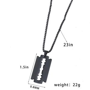 Detailed specs of black razor blade pendant necklace with 23in chain and 1.5in height