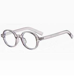 Macro detail of smoke gray round eyeglass frames with durable metal hinge structure