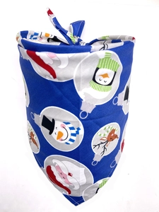 Detailed close-up of blue cotton Christmas dog bandana featuring festive snowman and santa prints