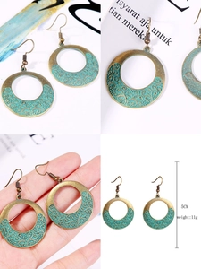 Detail view of Bohemian round drop earrings with turquoise texture and vintage bronze finish