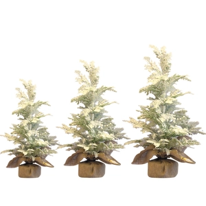 Three-piece flocked artificial Christmas trees with snow effect and burlap bases