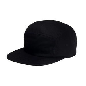 Classic black cotton 5-panel camper cap with flat brim and side metal eyelets