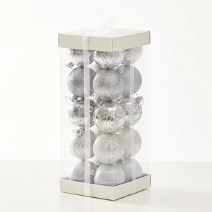 Silver Christmas ball ornaments set in transparent gift box for holiday tree decoration