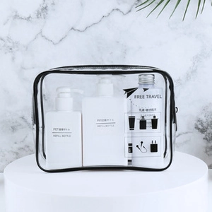 Macro view of transparent PVC toiletry bag with three travel refill bottles inside