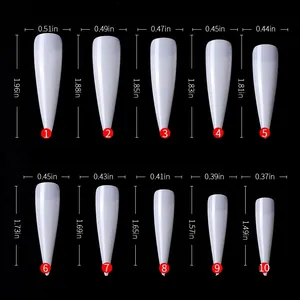 Sizing chart for 500pcs long stiletto nail tips showing 10 different width and length sizes