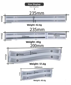 Detailed view of four types of silicone resin tray handle molds in various sizes