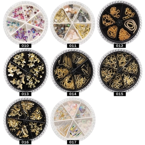 8-pack nail art decoration kit with AB rhinestones and mixed metal charms in round cases