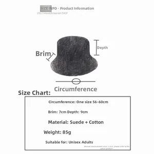 Size chart showing suede bucket hat measurements including brim 7cm and depth 9cm dimensions