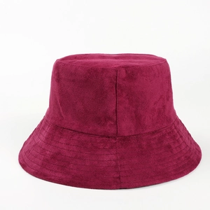 Detail of burgundy faux suede bucket hat with multi-row stitching on the wide brim