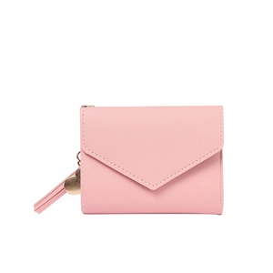 Pink PU leather envelope wallet for women with heart pendant and tassel on white background