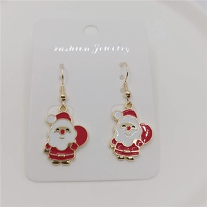 Detailed close-up of Santa Claus Christmas earrings in red and white on jewelry card