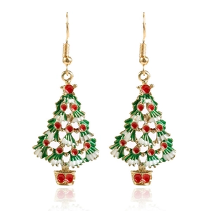 Festive Christmas tree hook earrings in green and gold enamel finish for holiday wear
